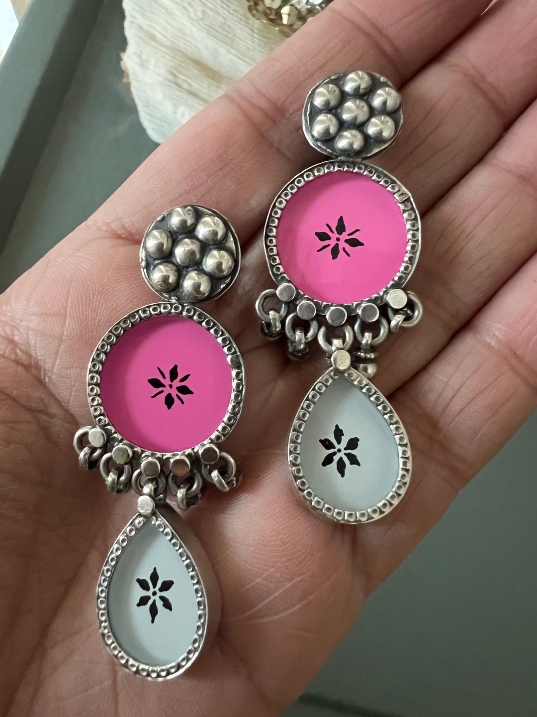 Hand Painted Glass Ghungroo 925 Silver Earrings | SHIVKA