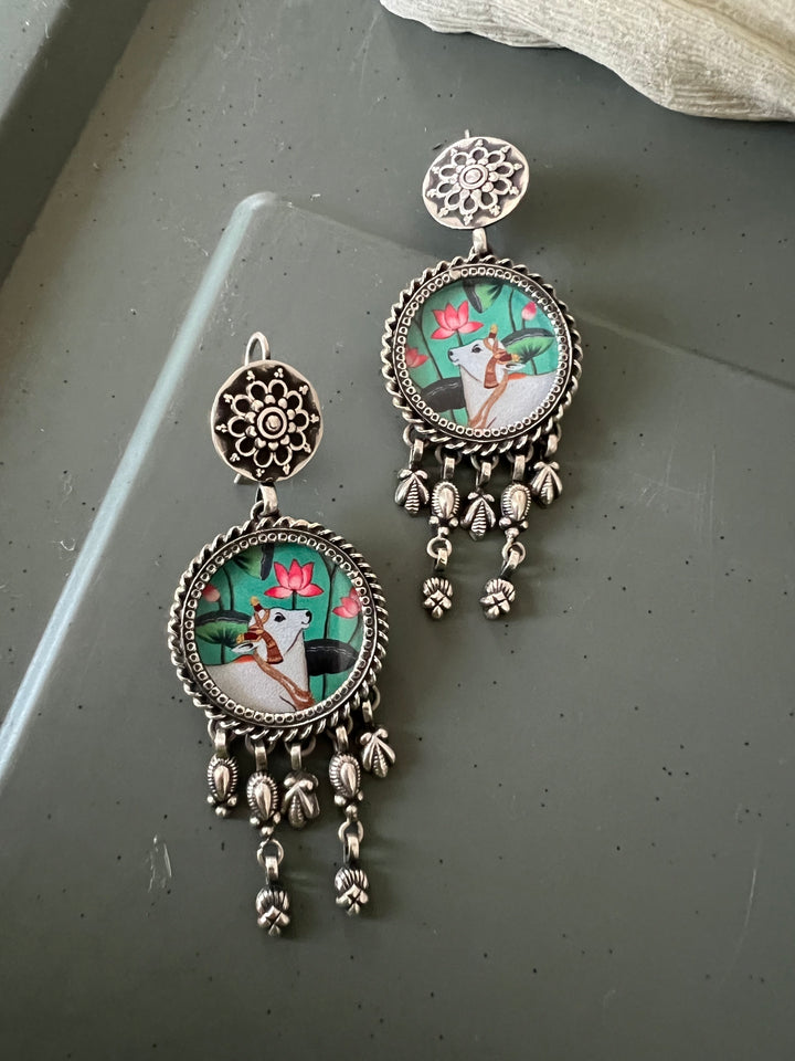 Hand Painted Glass Holy Cow 925 Silver Earrings | SHIVKA