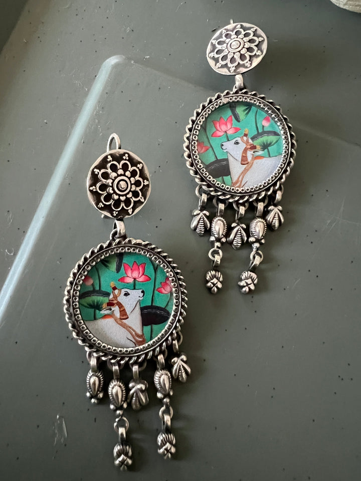 Hand Painted Glass Holy Cow 925 Silver Earrings | SHIVKA