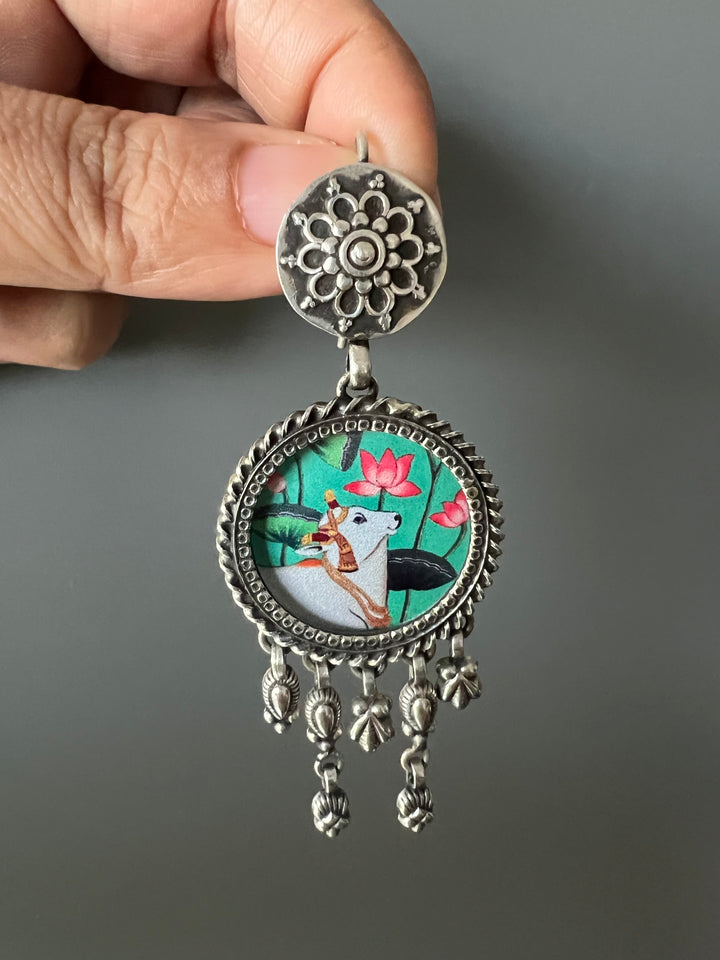 Hand Painted Glass Holy Cow 925 Silver Earrings | SHIVKA