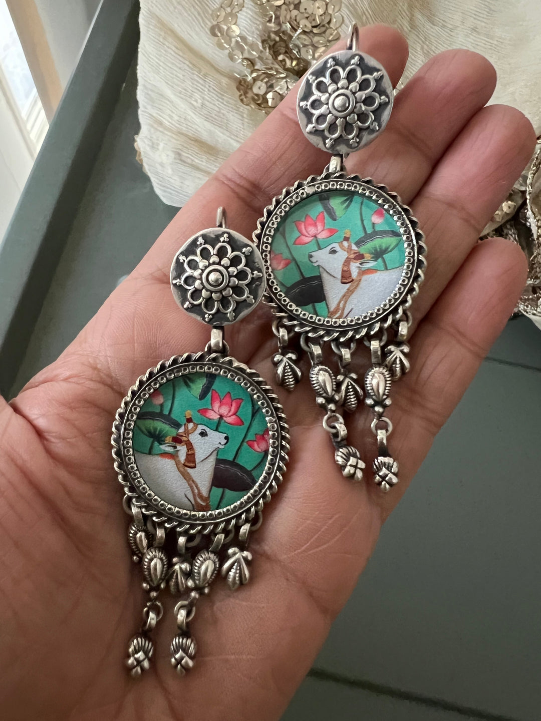 Hand Painted Glass Holy Cow 925 Silver Earrings | SHIVKA