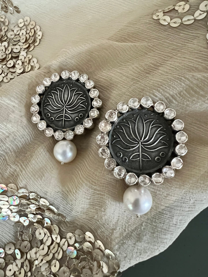 Statement Pearl 925 Silver Earrings with Natural Pearls & Kundan Work - Handmade, One of a Kind