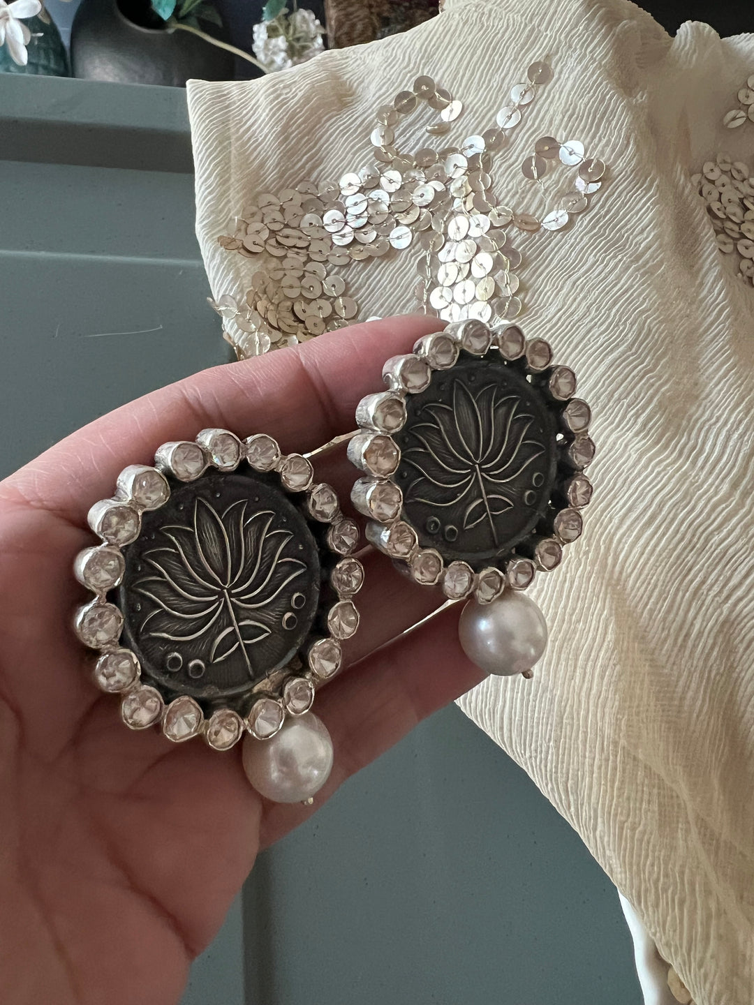 Statement Pearl 925 Silver Earrings with Natural Pearls & Kundan Work - Handmade, One of a Kind