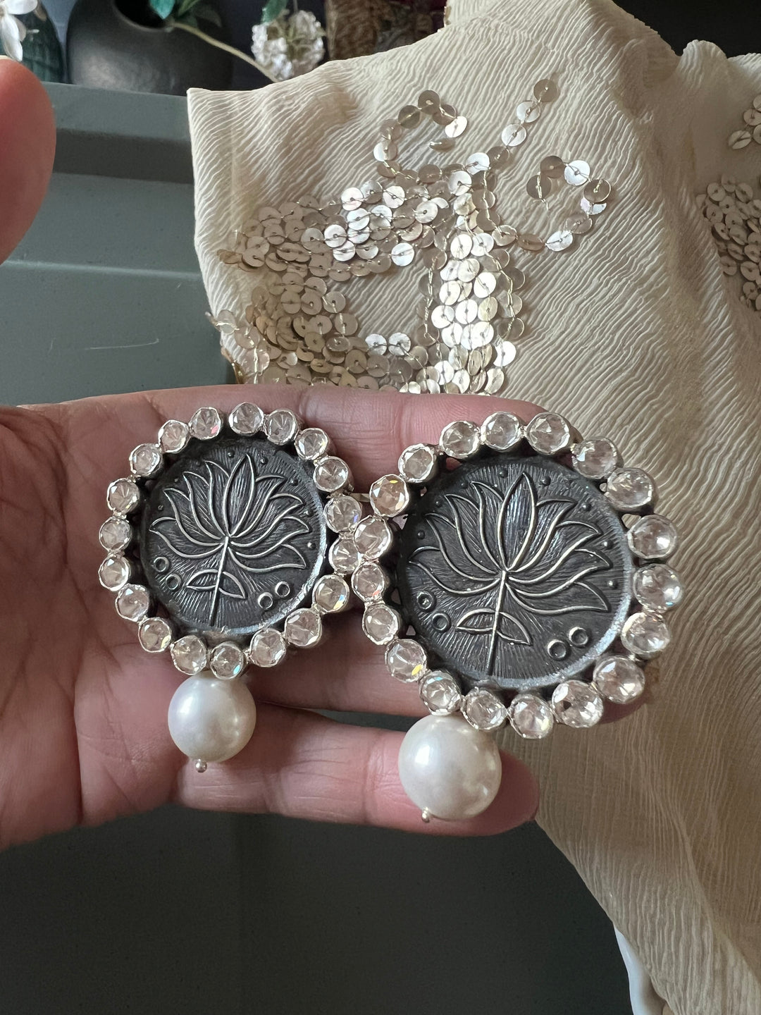 Statement Pearl 925 Silver Earrings with Natural Pearls & Kundan Work - Handmade, One of a Kind