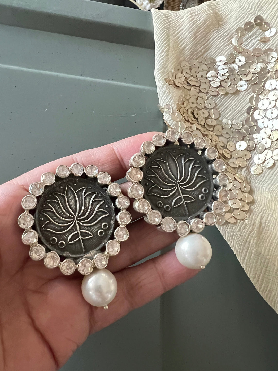 Statement Pearl 925 Silver Earrings with Natural Pearls & Kundan Work - Handmade, One of a Kind