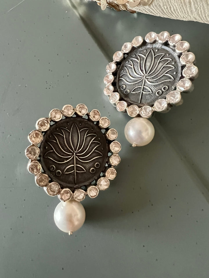 Statement Pearl 925 Silver Earrings with Natural Pearls & Kundan Work - Handmade, One of a Kind