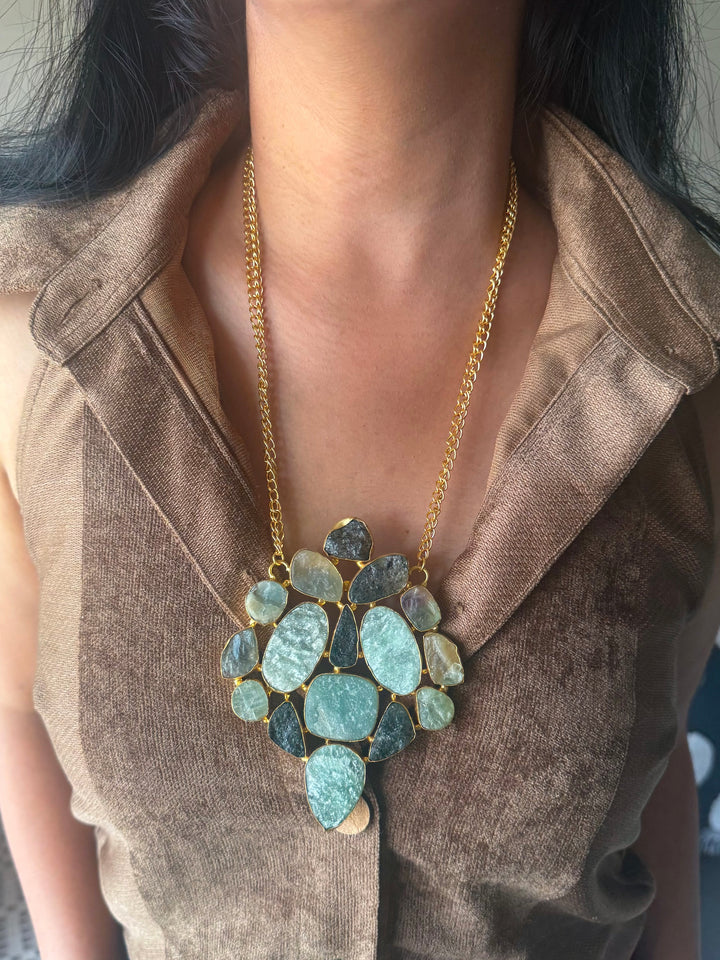 Handmade Natural Gemstones Statement Necklace | Brass Adjustable Lobster Claw Jewelry