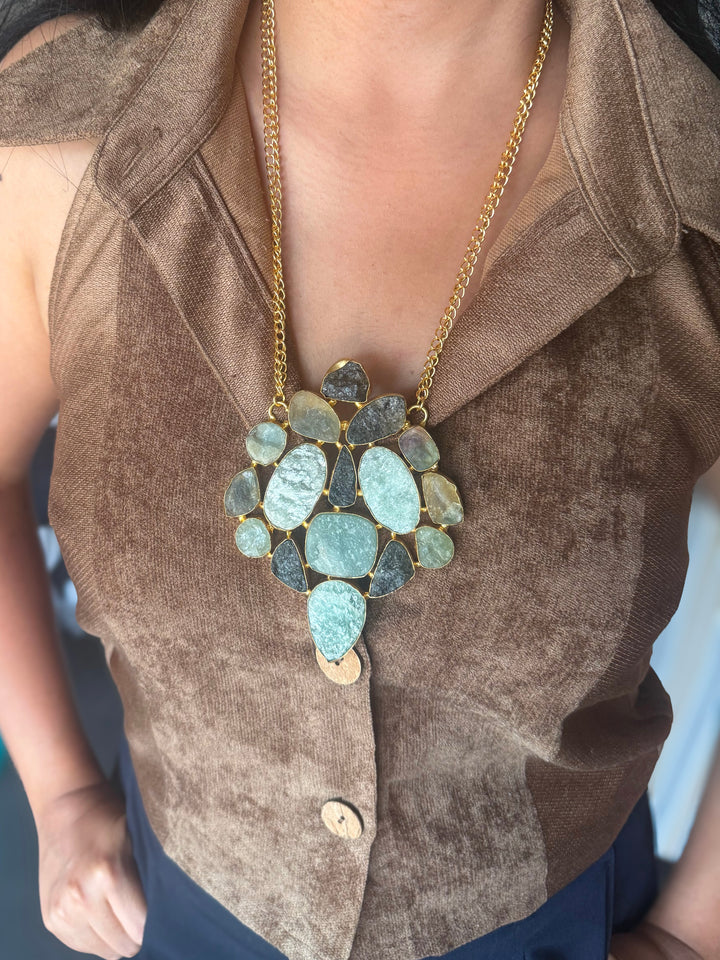 Handmade Natural Gemstones Statement Necklace | Brass Adjustable Lobster Claw Jewelry