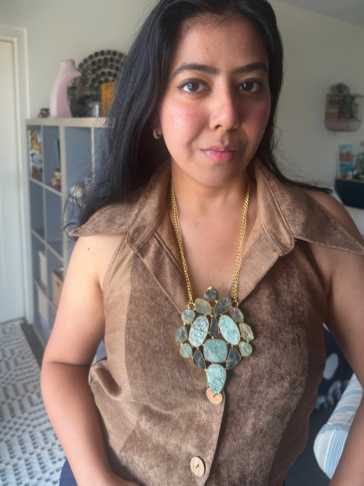 Handmade Natural Gemstones Statement Necklace | Brass Adjustable Lobster Claw Jewelry