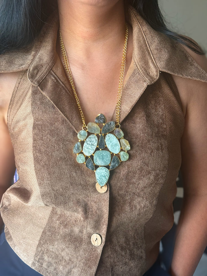 Handmade Natural Gemstones Statement Necklace | Brass Adjustable Lobster Claw Jewelry