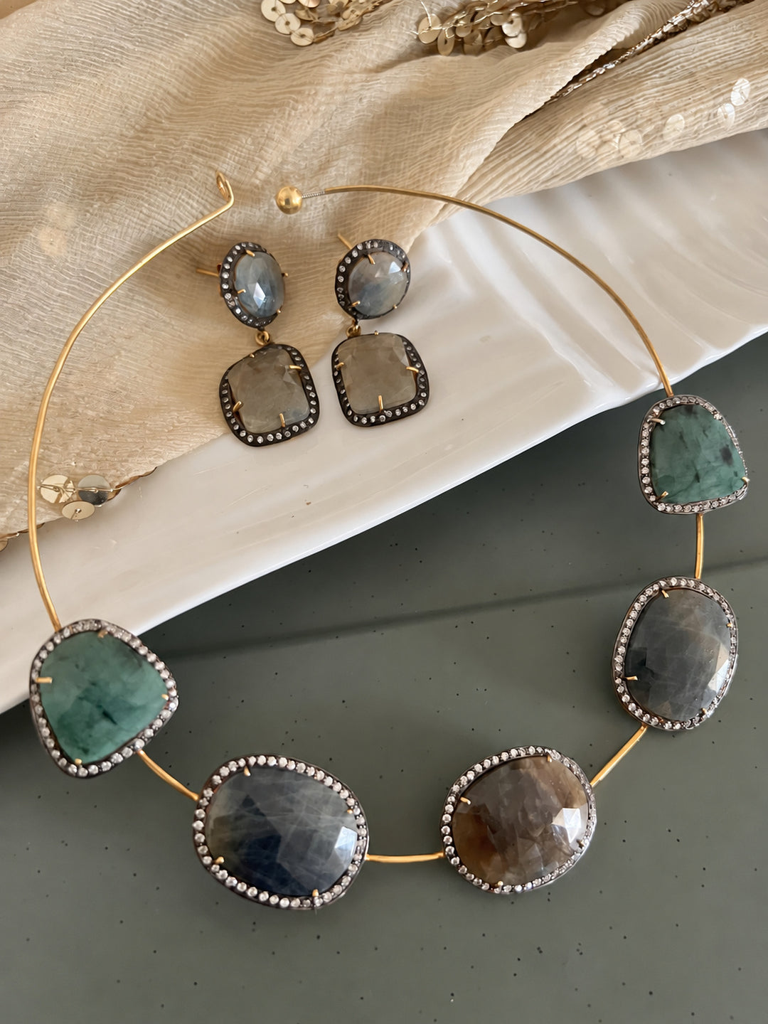 Antique Gold Multi-Sapphire 925 Silver Necklace Set