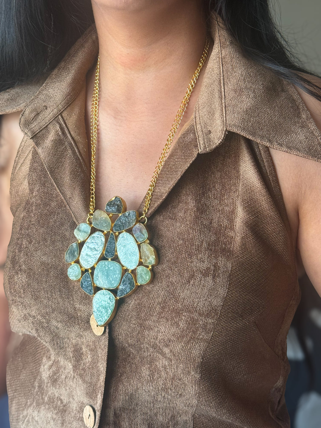 Handmade Natural Gemstones Statement Necklace | Brass Adjustable Lobster Claw Jewelry