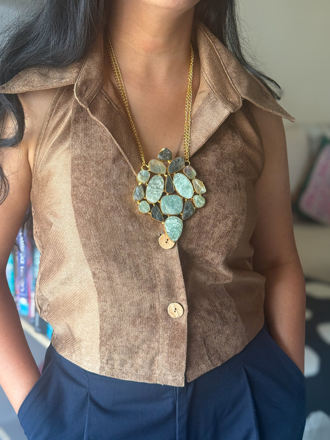 Handmade Natural Gemstones Statement Necklace | Brass Adjustable Lobster Claw Jewelry