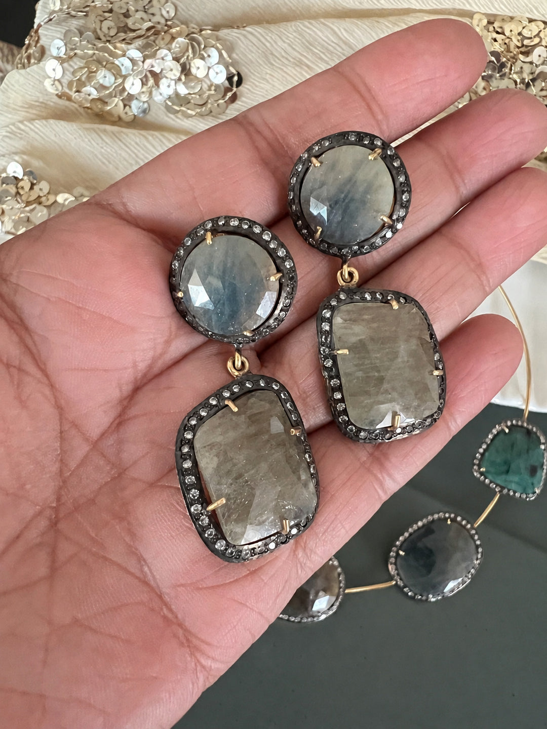 Antique Gold Multi-Sapphire 925 Silver Necklace Set