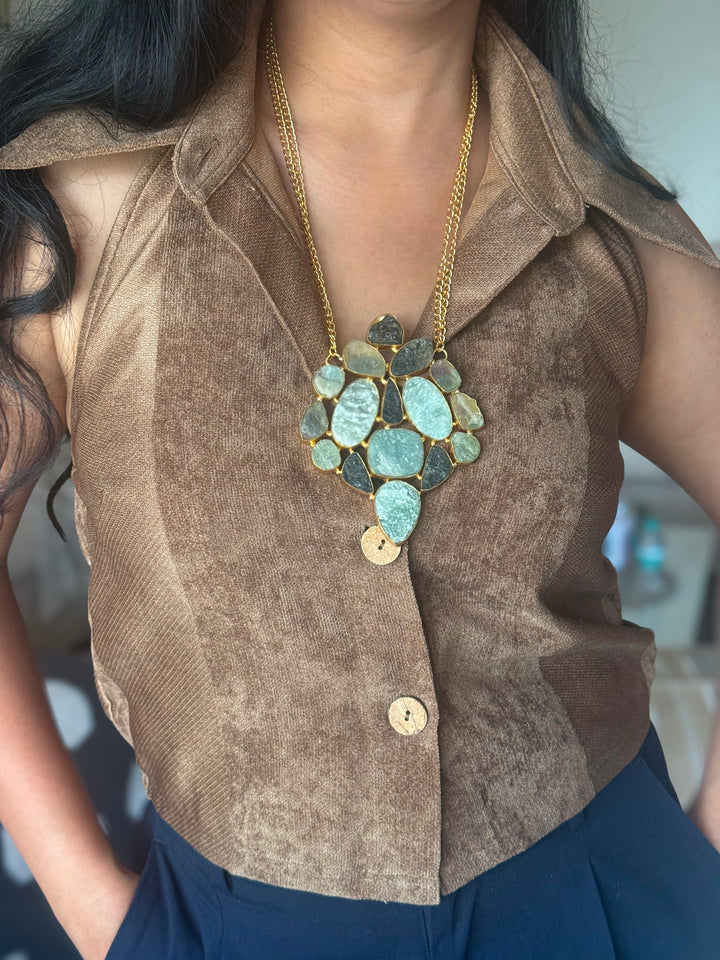 Handmade Natural Gemstones Statement Necklace | Brass Adjustable Lobster Claw Jewelry