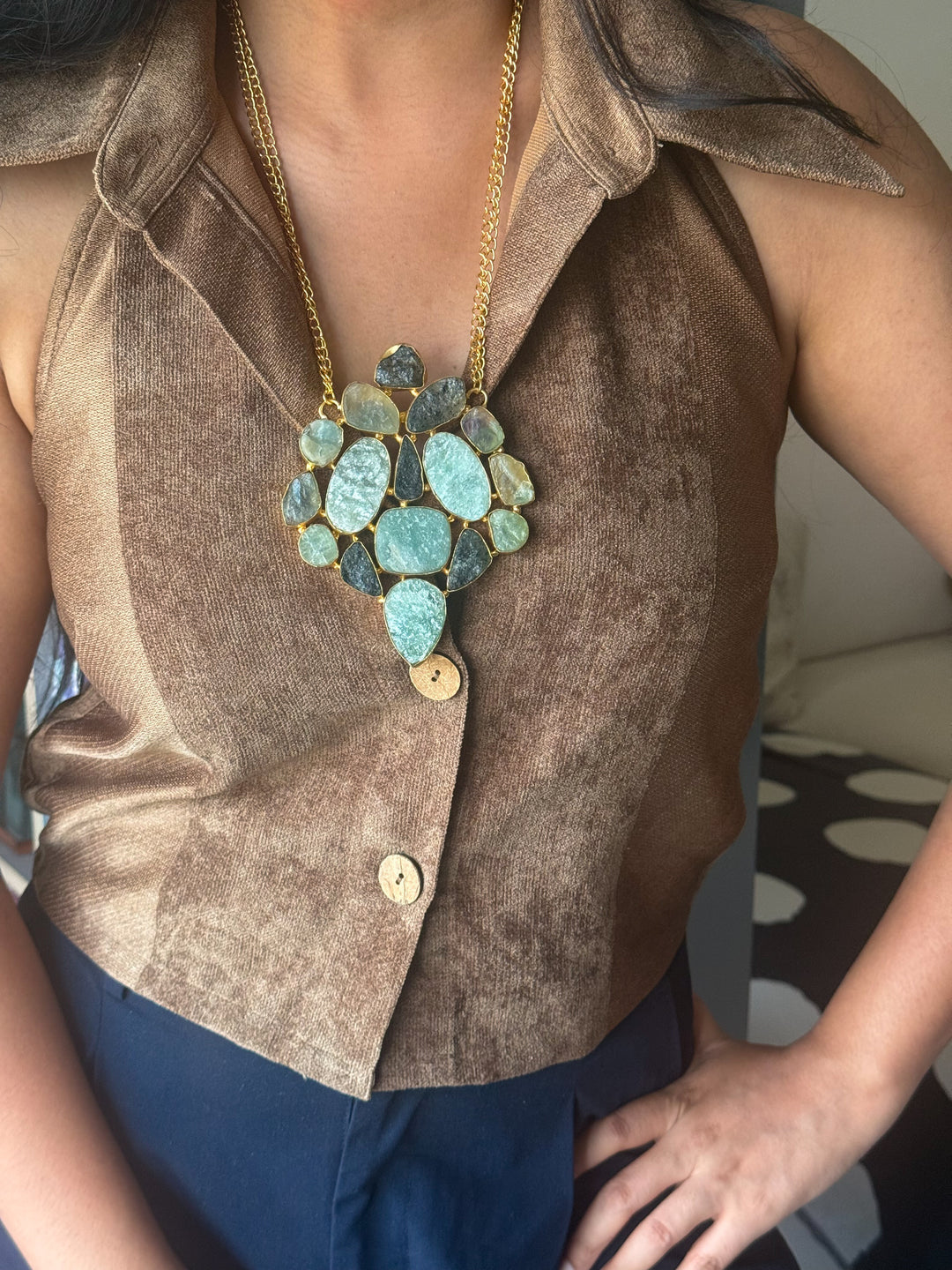 Handmade Natural Gemstones Statement Necklace | Brass Adjustable Lobster Claw Jewelry