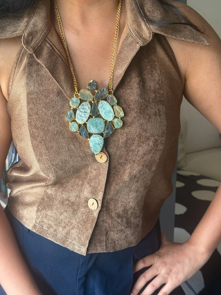 Handmade Natural Gemstones Statement Necklace | Brass Adjustable Lobster Claw Jewelry