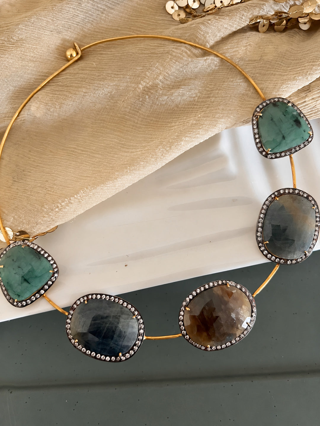 Antique Gold Multi-Sapphire 925 Silver Necklace Set