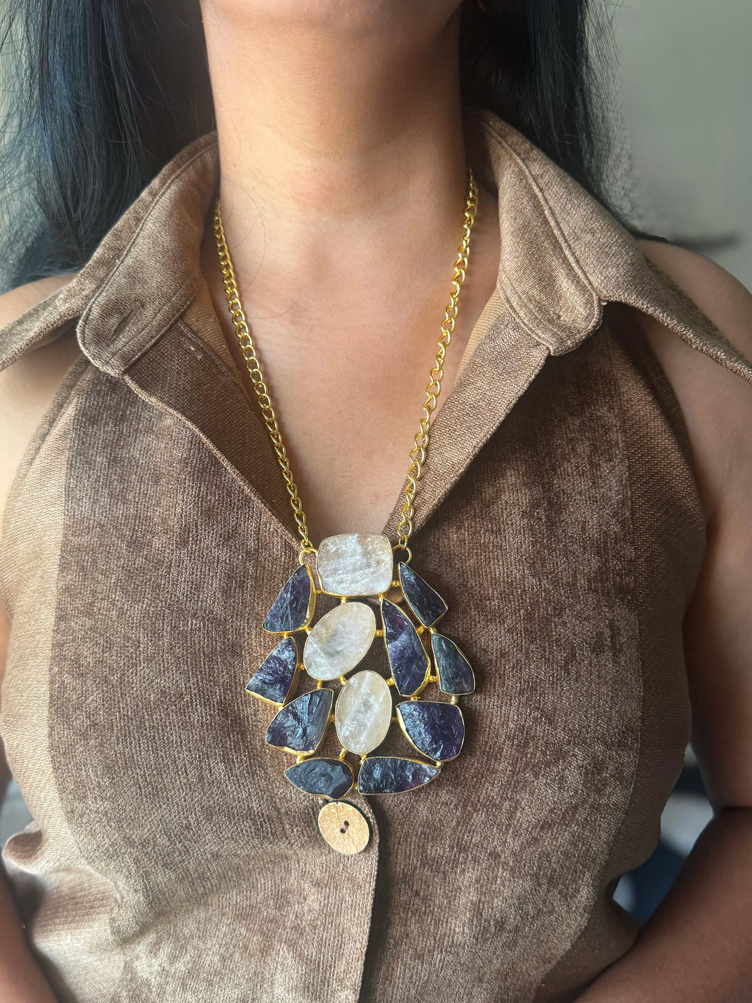 Handmade Amethyst and Rose Quartz Statement Necklace | Brass Adjustable Lobster Claw Jewelry