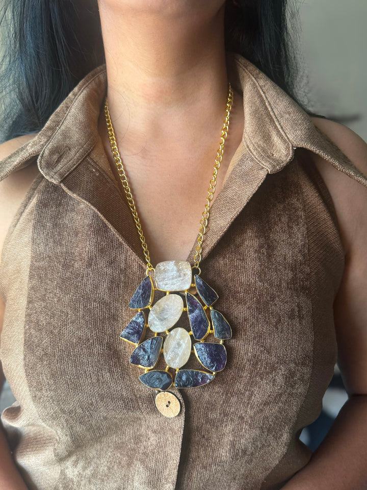 Handmade Amethyst and Rose Quartz Statement Necklace | Brass Adjustable Lobster Claw Jewelry