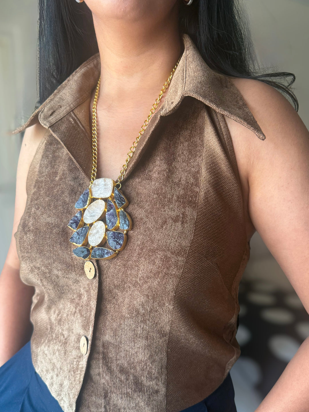 Handmade Amethyst and Rose Quartz Statement Necklace | Brass Adjustable Lobster Claw Jewelry