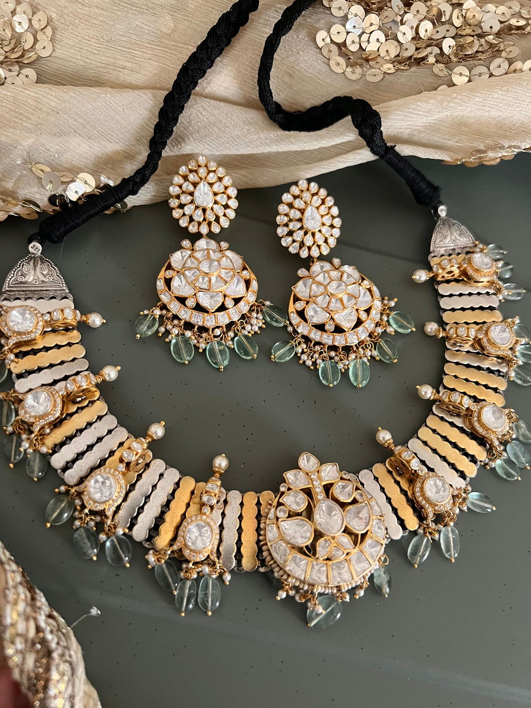 Kundan Polki 925 Silver Choker Necklace Set