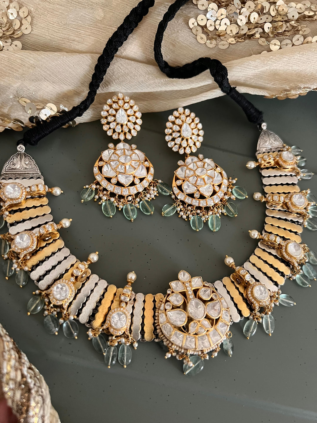 Kundan Polki 925 Silver Choker Set with Pastel Drops