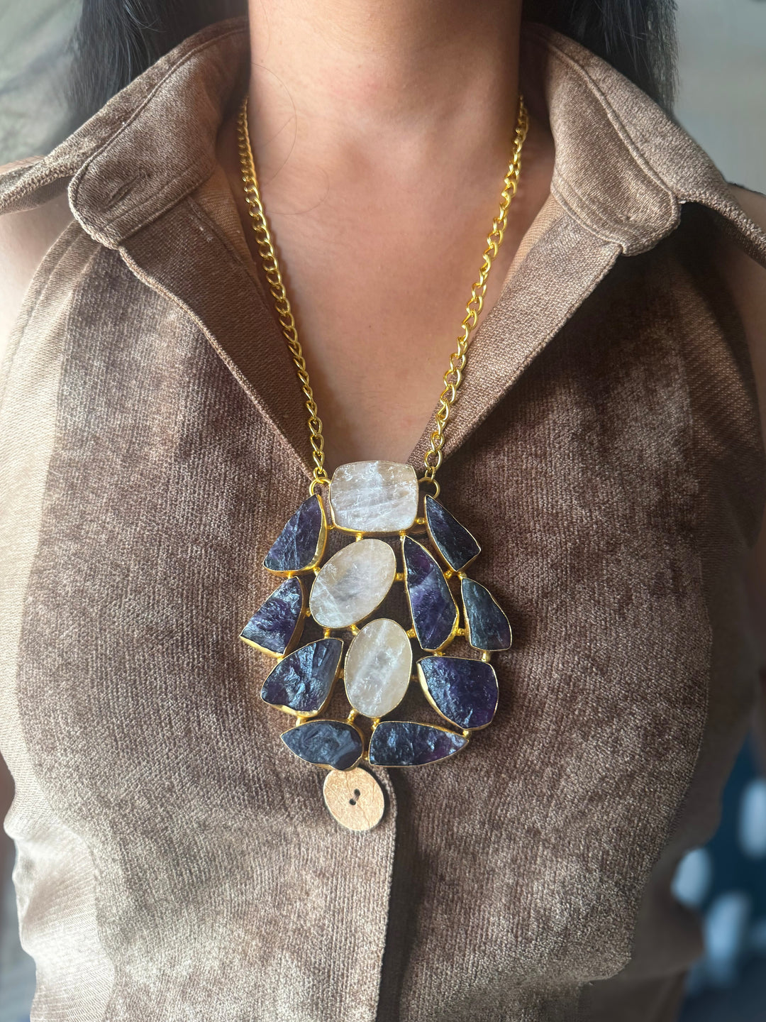 Handmade Amethyst and Rose Quartz Statement Necklace | Brass Adjustable Lobster Claw Jewelry