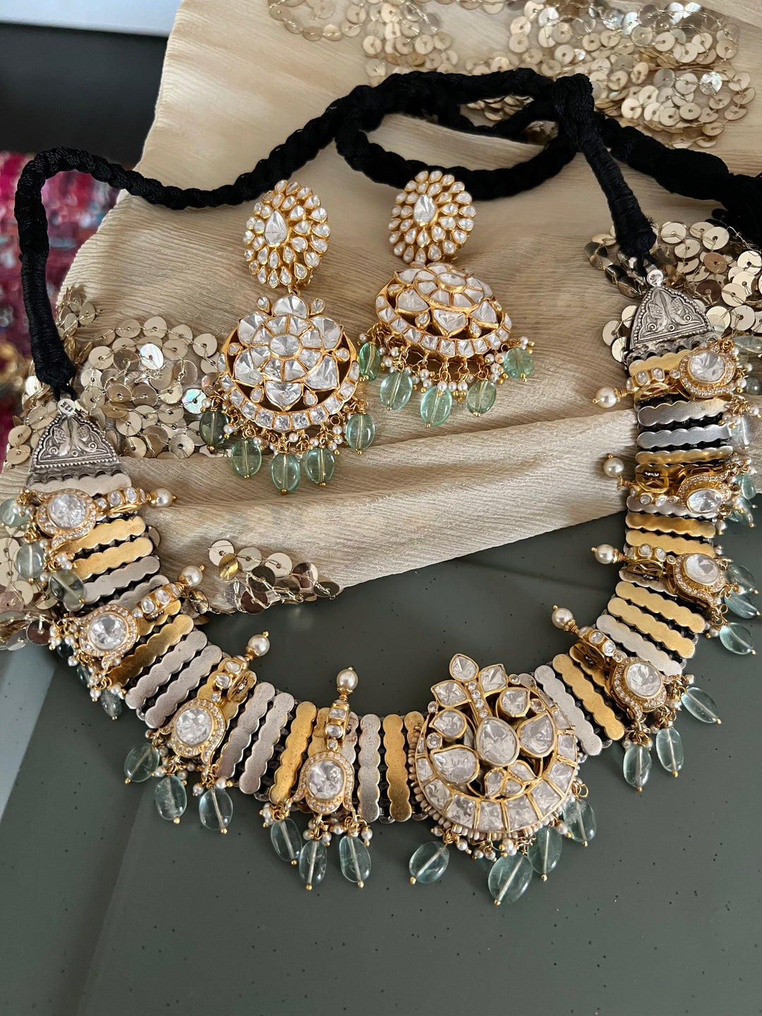 Kundan Polki 925 Silver Choker Set with Pastel Drops