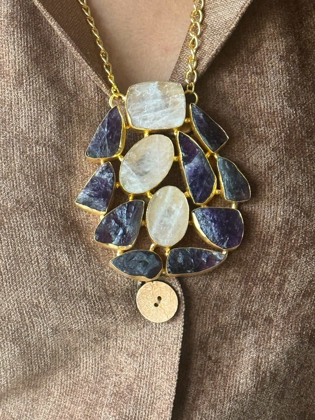 Handmade Amethyst and Rose Quartz Statement Necklace | Brass Adjustable Lobster Claw Jewelry