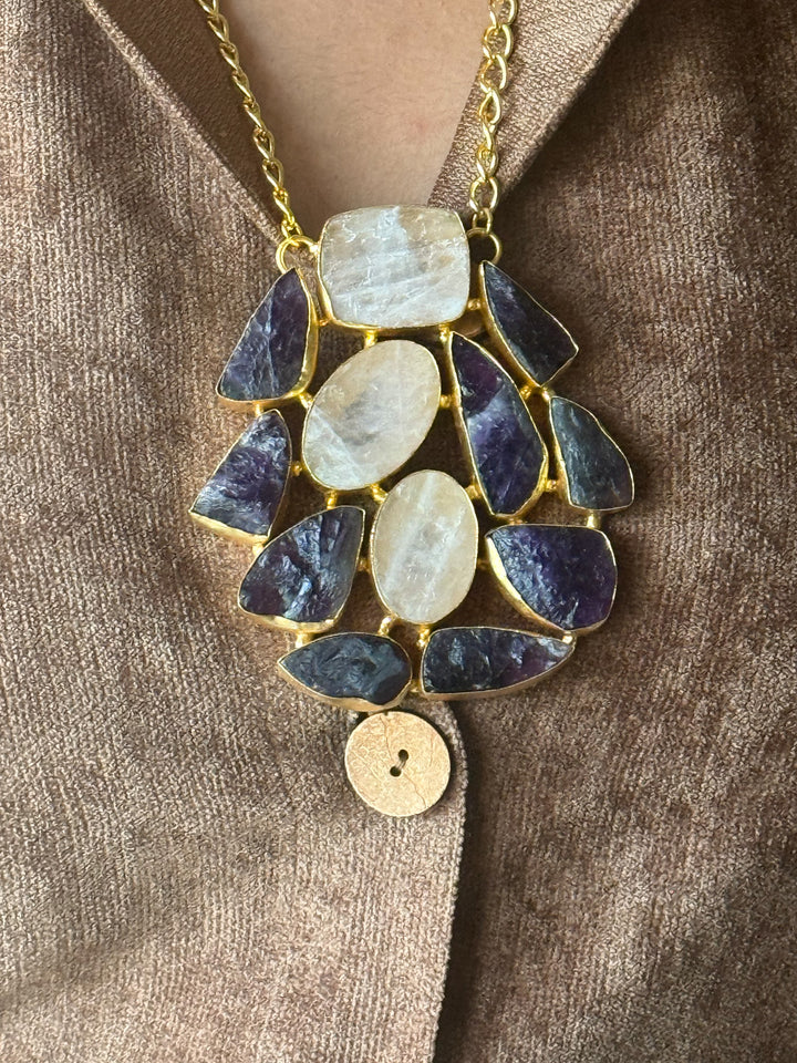 Handmade Amethyst and Rose Quartz Statement Necklace | Brass Adjustable Lobster Claw Jewelry