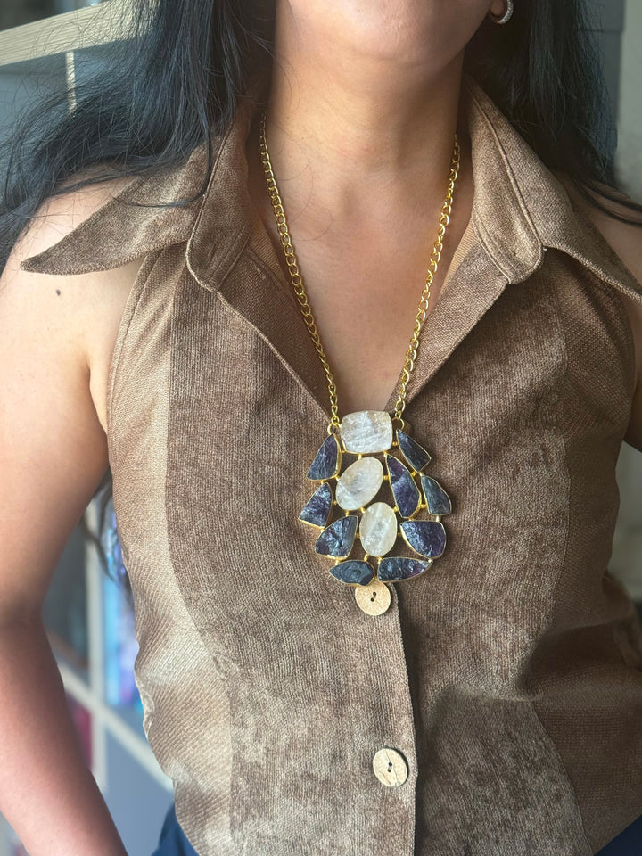 Handmade Amethyst and Rose Quartz Statement Necklace | Brass Adjustable Lobster Claw Jewelry