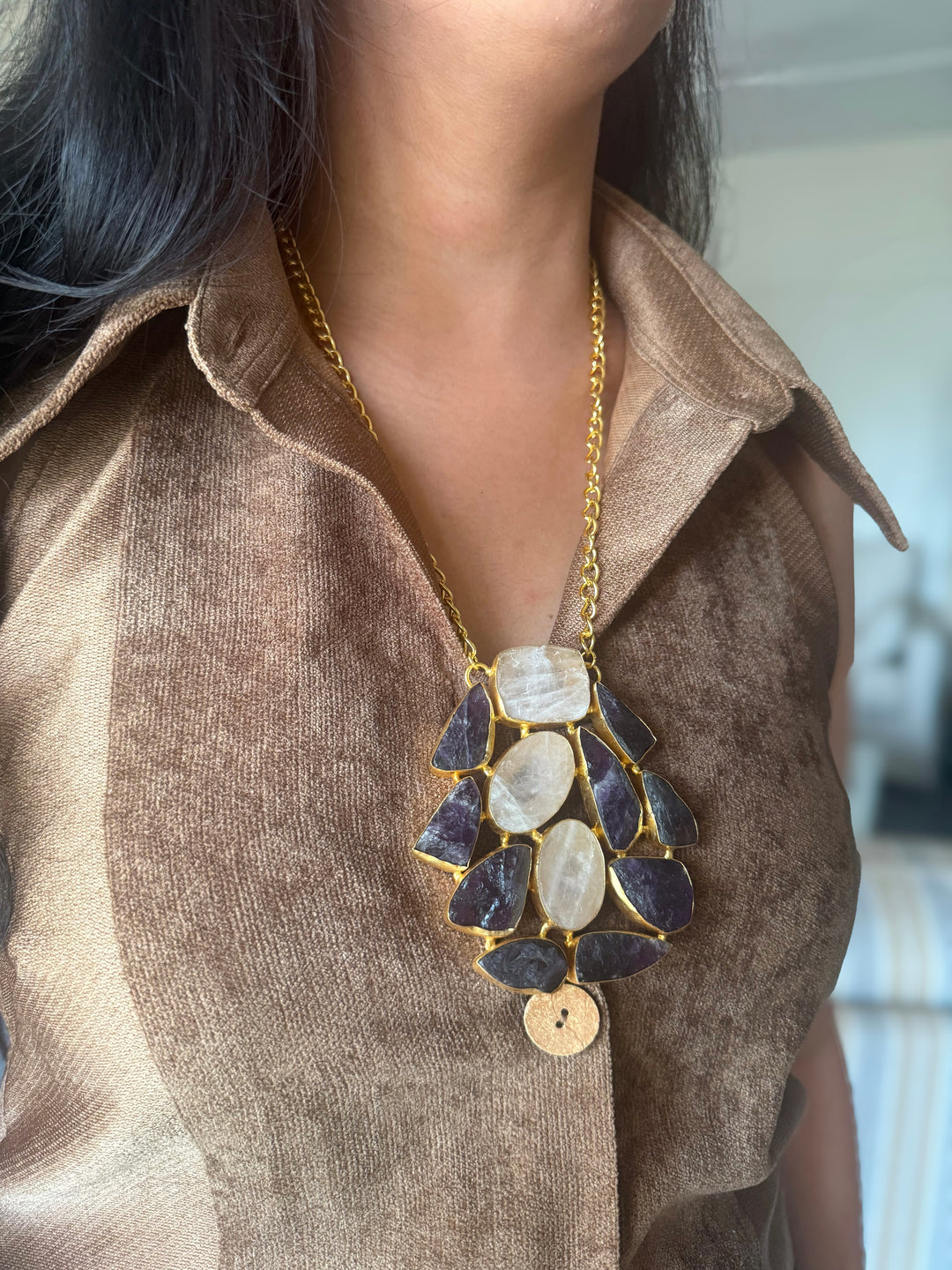 Handmade Amethyst and Rose Quartz Statement Necklace | Brass Adjustable Lobster Claw Jewelry