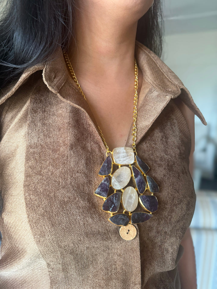 Handmade Amethyst and Rose Quartz Statement Necklace | Brass Adjustable Lobster Claw Jewelry