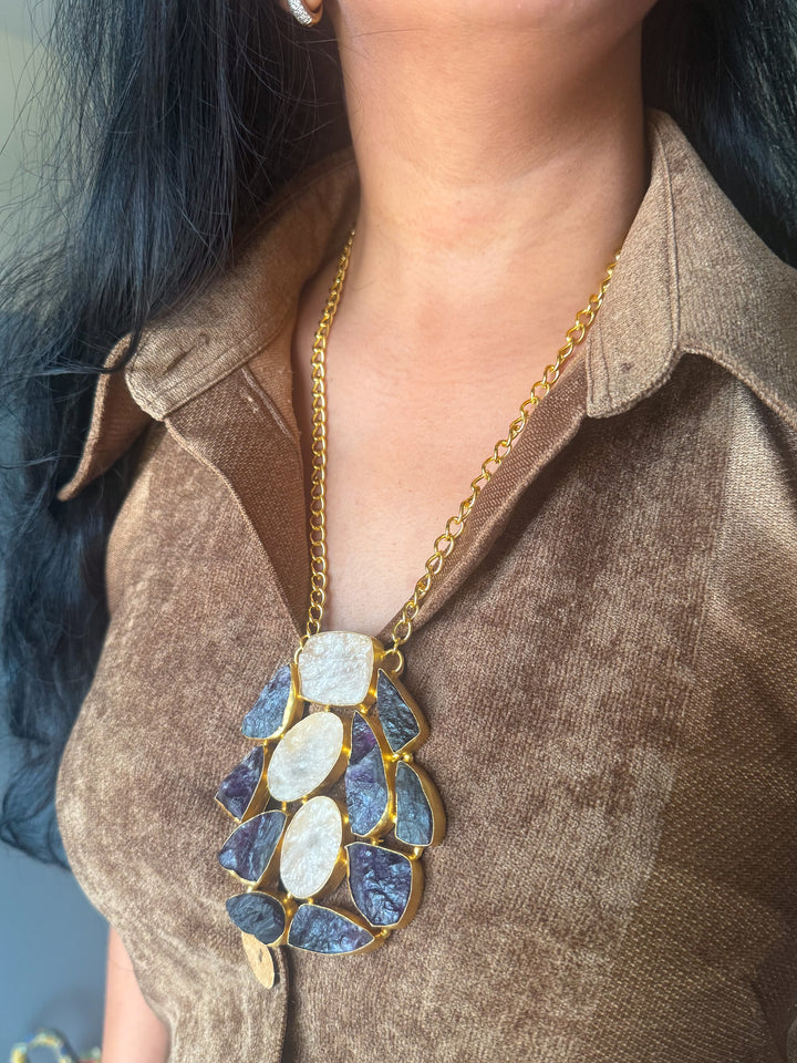 Handmade Amethyst and Rose Quartz Statement Necklace | Brass Adjustable Lobster Claw Jewelry
