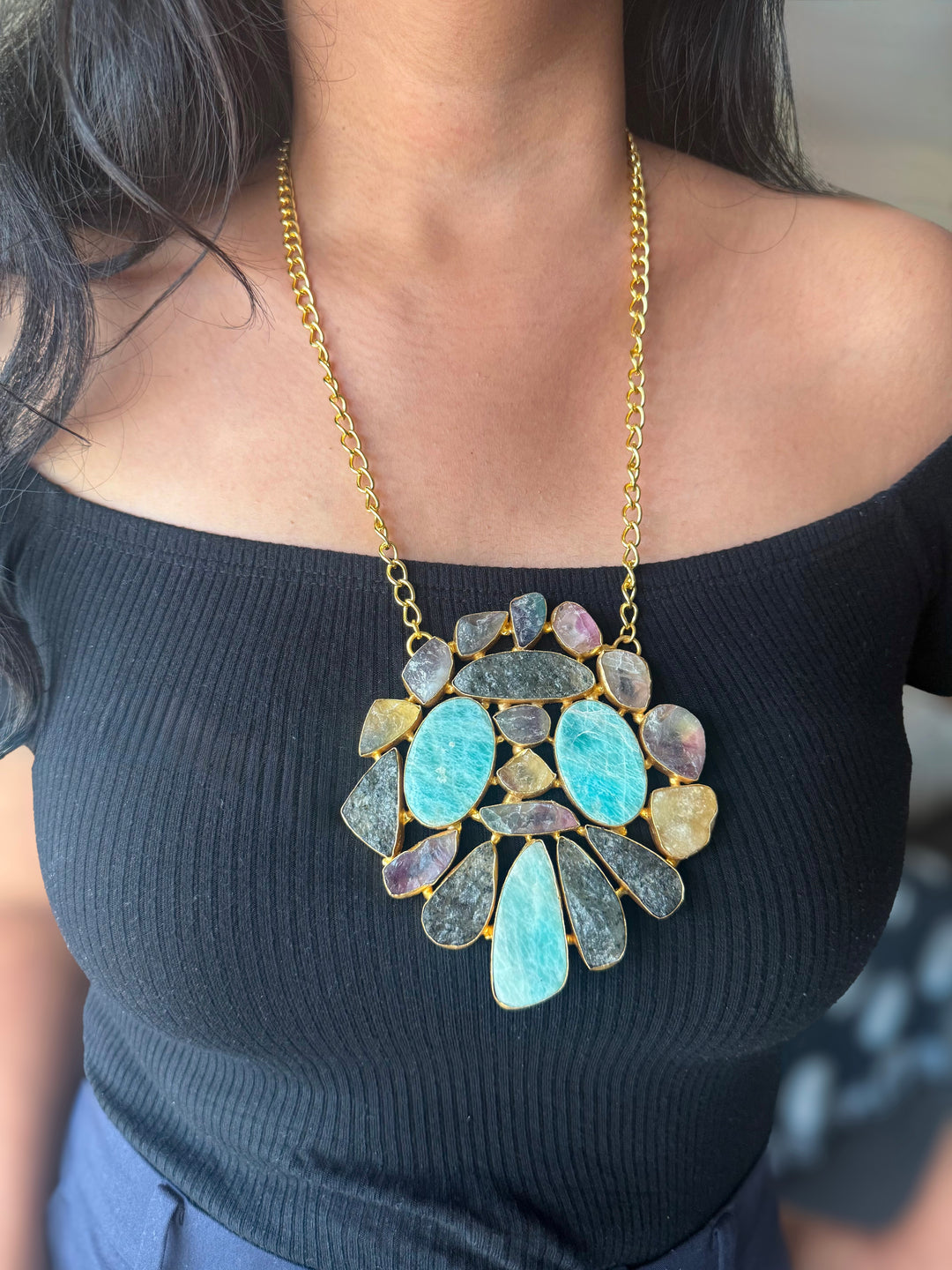 Handmade Natural Gemstones Statement Necklace | Brass Adjustable Lobster Claw Jewelry