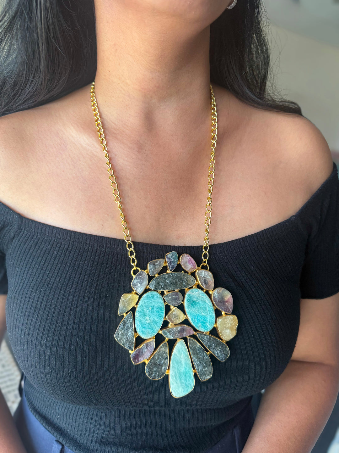 Handmade Natural Gemstones Statement Necklace | Brass Adjustable Lobster Claw Jewelry