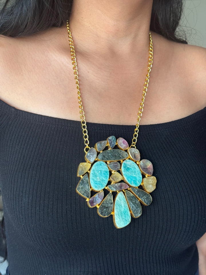 Handmade Natural Gemstones Statement Necklace | Brass Adjustable Lobster Claw Jewelry