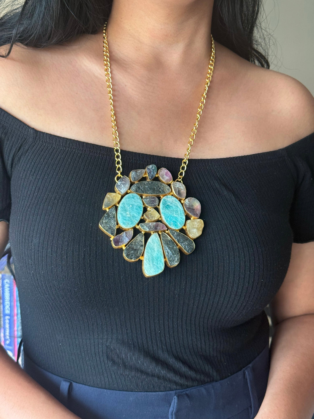 Handmade Natural Gemstones Statement Necklace | Brass Adjustable Lobster Claw Jewelry