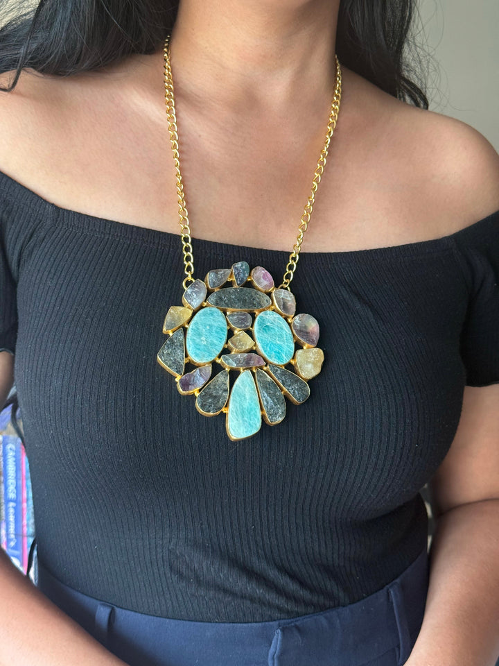Handmade Natural Gemstones Statement Necklace | Brass Adjustable Lobster Claw Jewelry