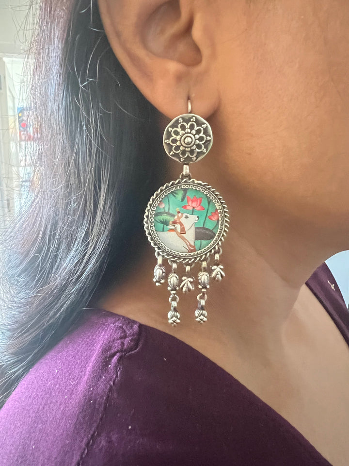 Hand Painted Glass Holy Cow 925 Silver Earrings | SHIVKA