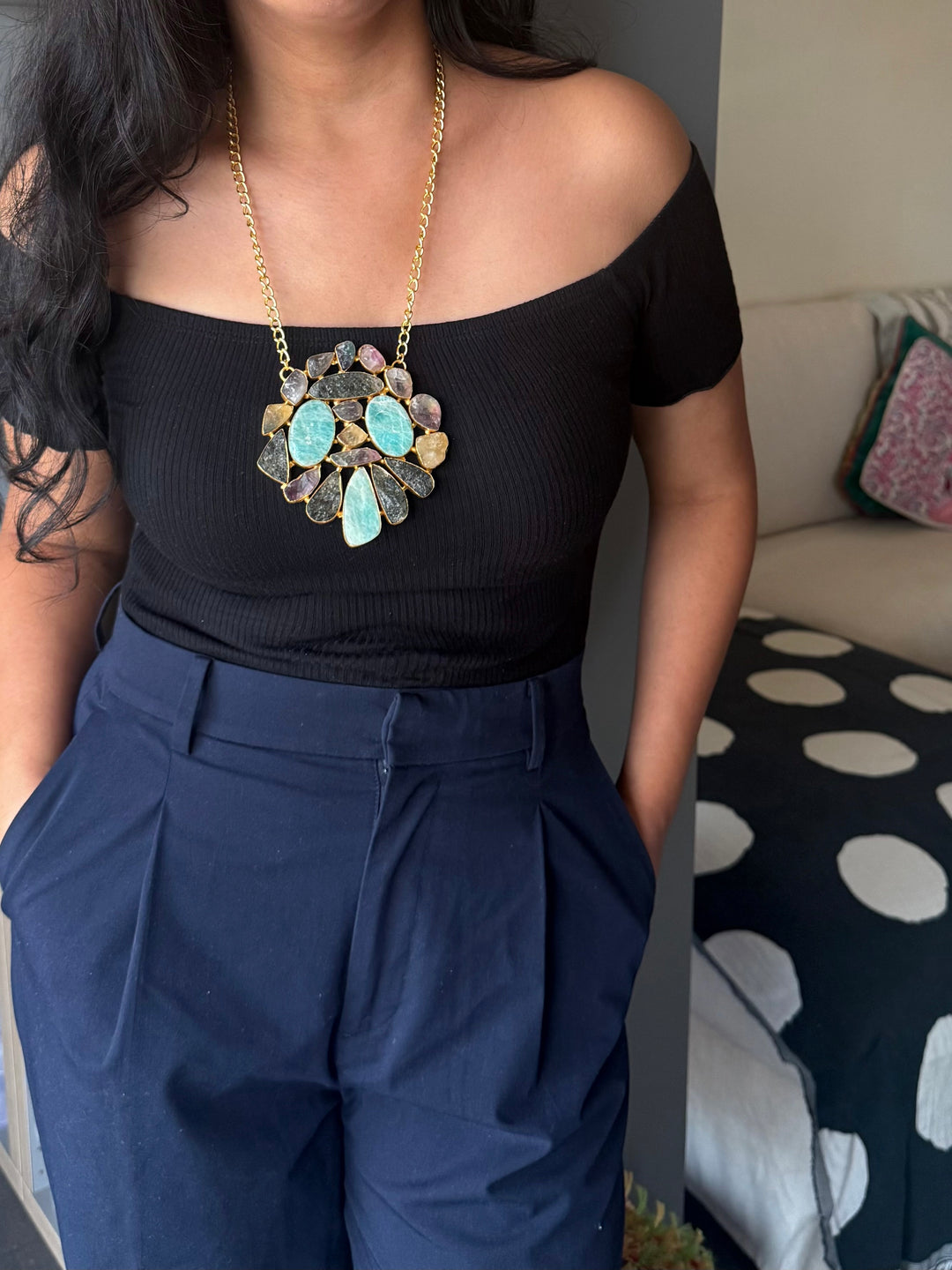 Handmade Natural Gemstones Statement Necklace | Brass Adjustable Lobster Claw Jewelry