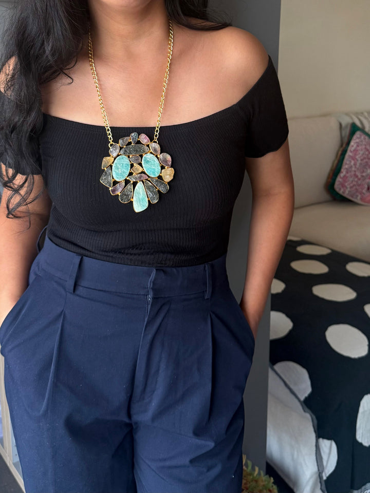 Handmade Natural Gemstones Statement Necklace | Brass Adjustable Lobster Claw Jewelry