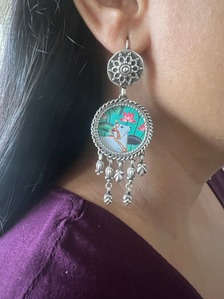 Hand Painted Glass Holy Cow 925 Silver Earrings | SHIVKA
