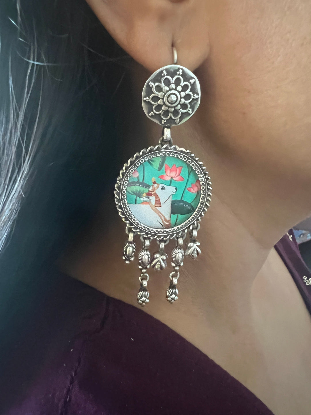 Hand Painted Glass Holy Cow 925 Silver Earrings | SHIVKA