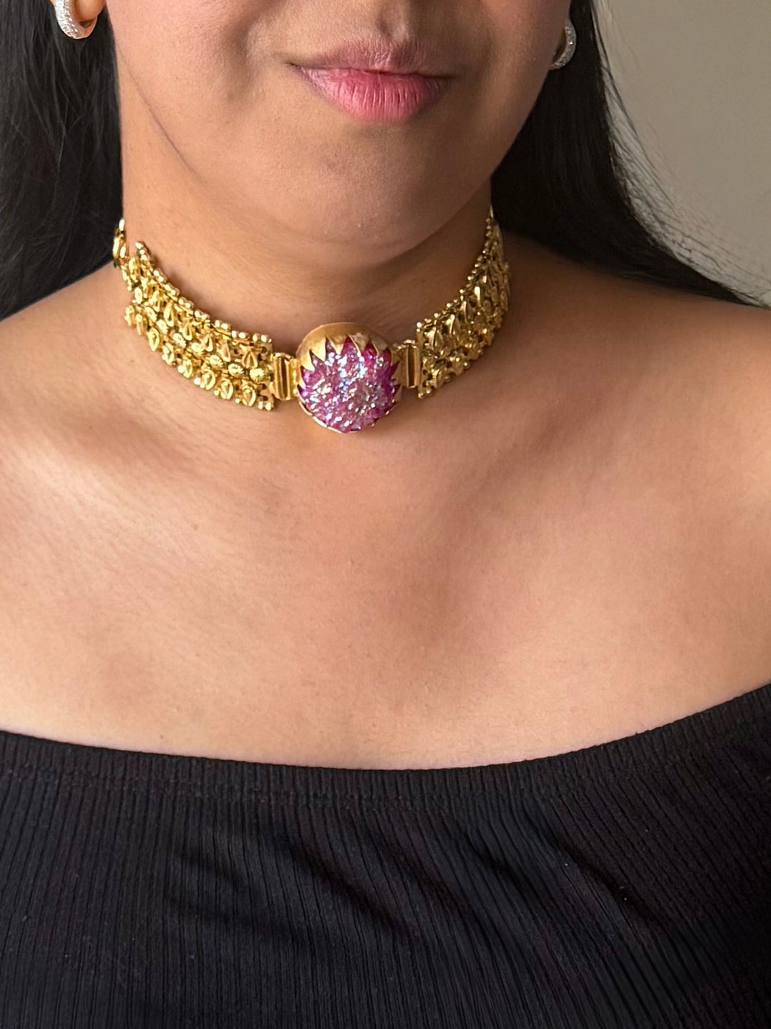 Handmade Natural Stone Statement Choker | Brass Adjustable Lobster Claw Jewelry