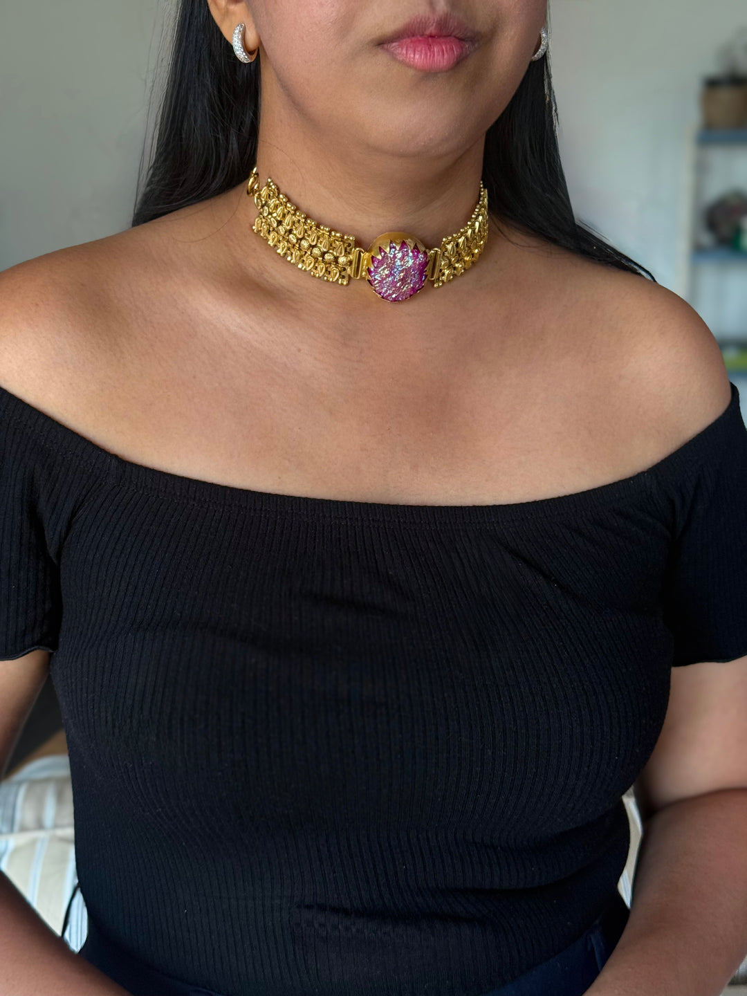 Handmade Natural Stone Statement Choker | Brass Adjustable Lobster Claw Jewelry