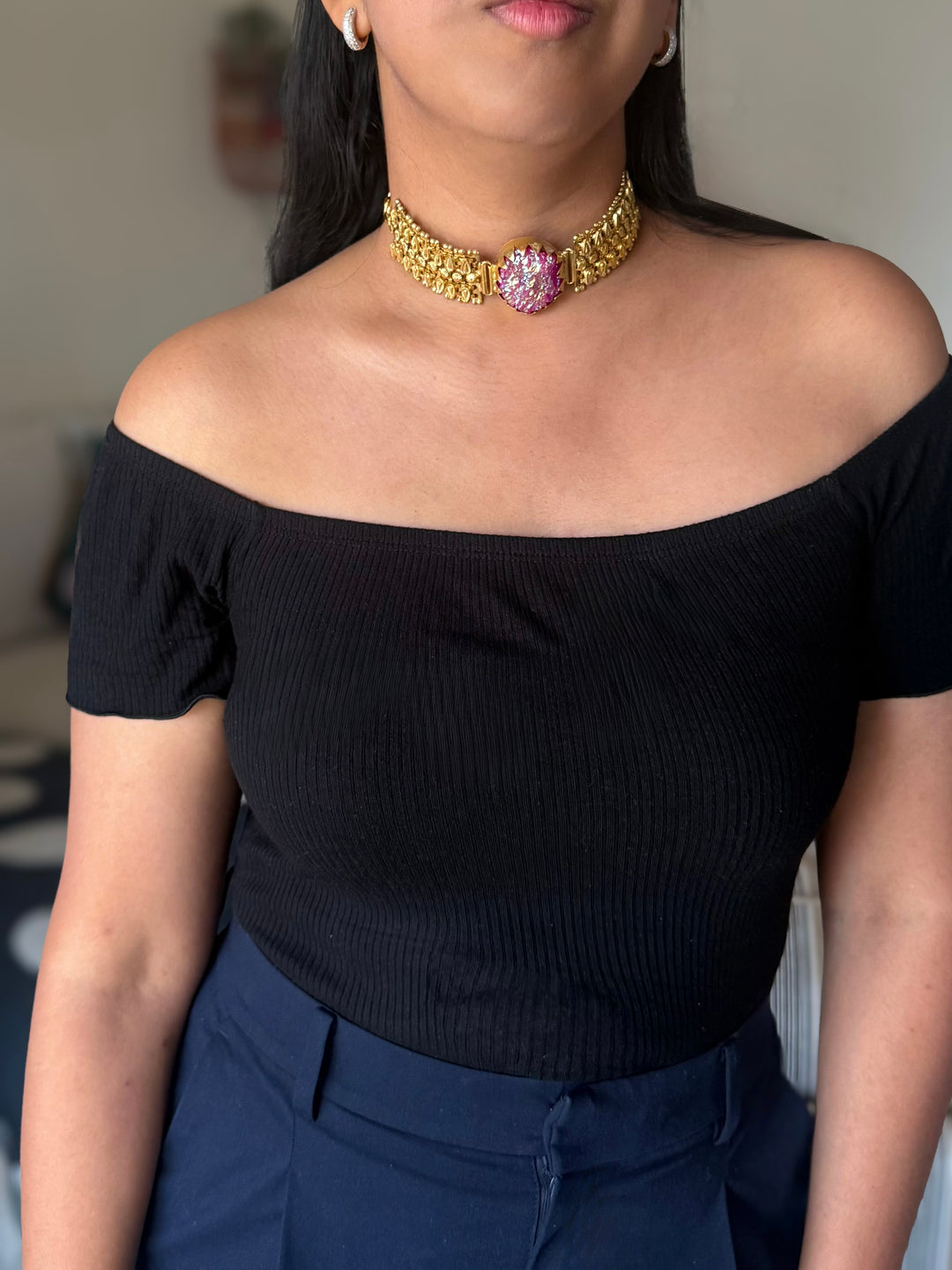 Handmade Natural Stone Statement Choker | Brass Adjustable Lobster Claw Jewelry