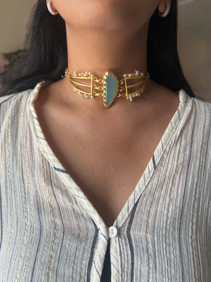 Handmade Natural Aqua Chalcedony Pearls Statement Choker | Brass Adjustable Lobster Claw Jewelry
