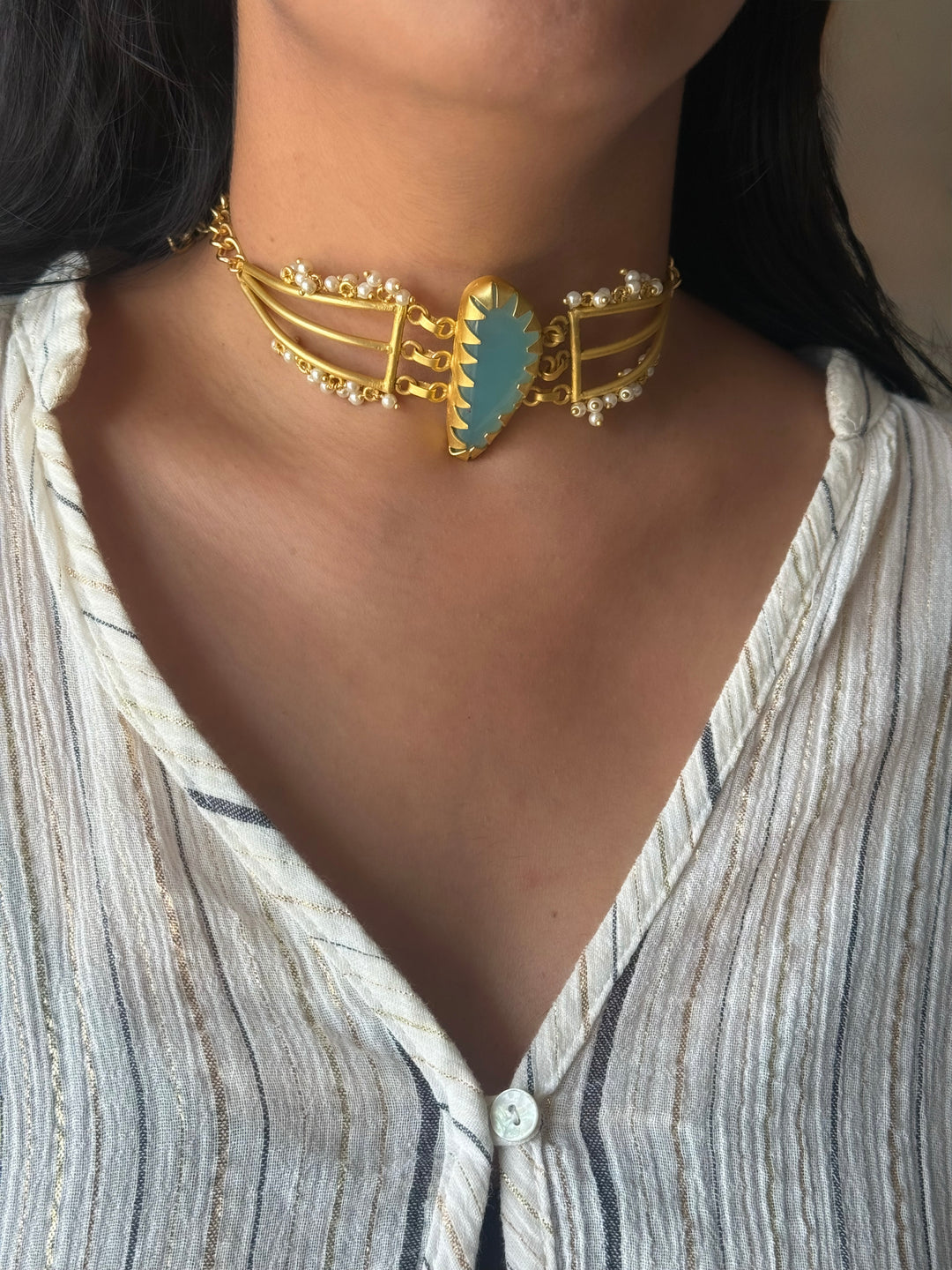 Handmade Natural Aqua Chalcedony Pearls Statement Choker | Brass Adjustable Lobster Claw Jewelry